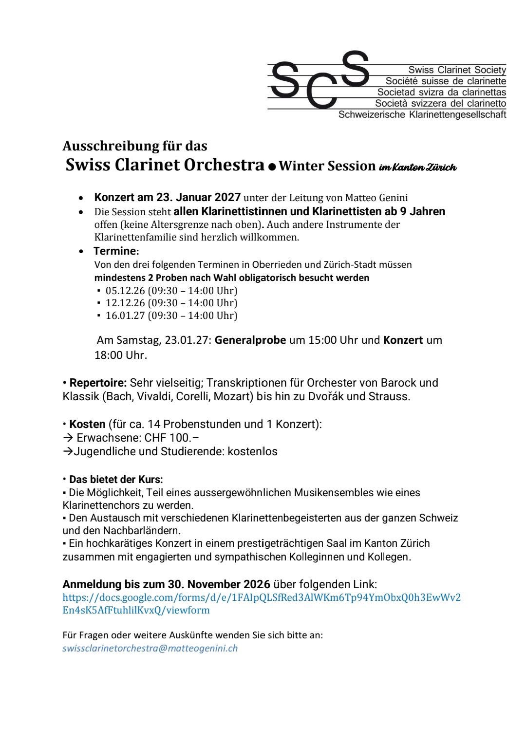 Ausschreibung für das Swiss Clarinet Orchestra
